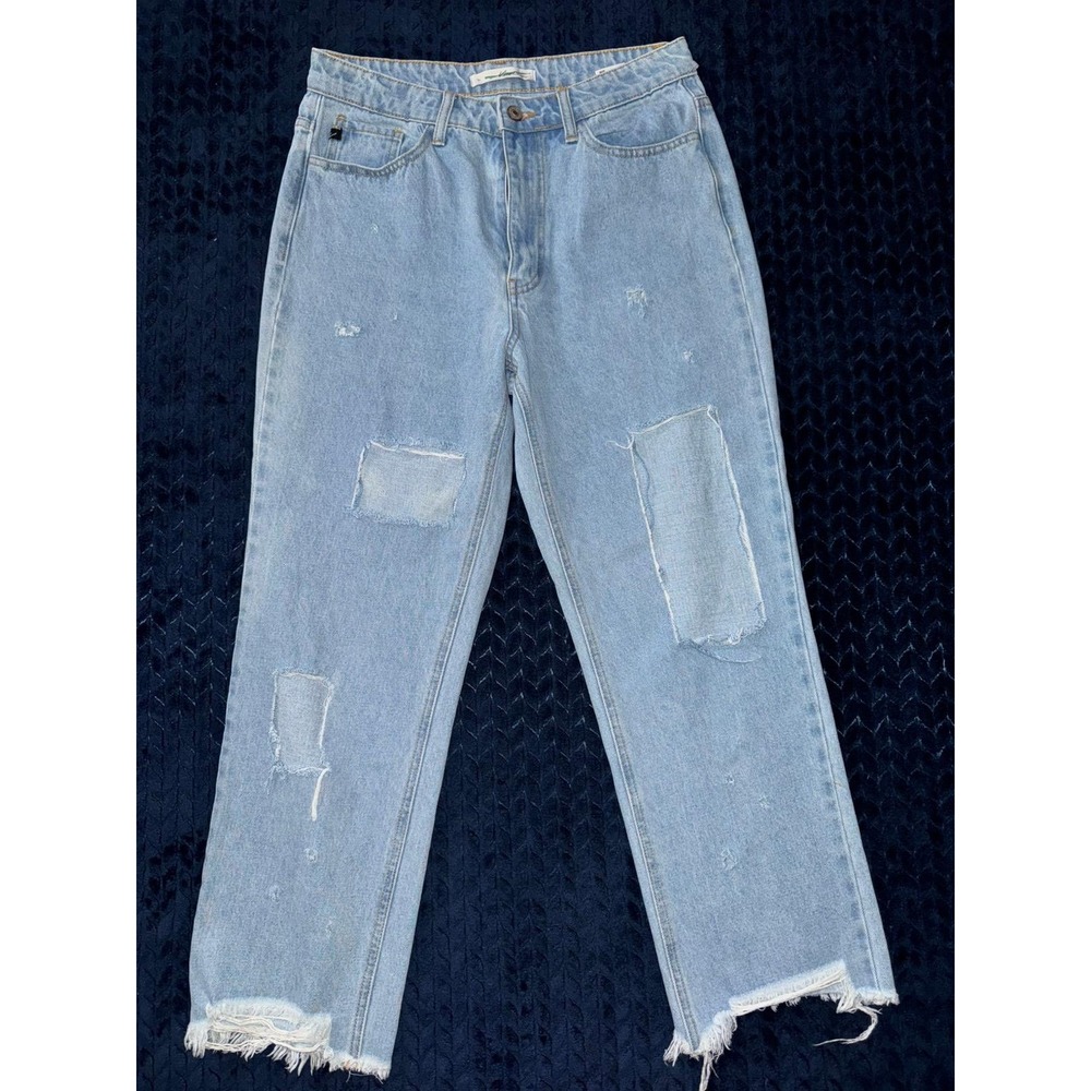 Kancan Distressed Patch Jeans High Rise Straight Leg‎ Denim Light Wash 28